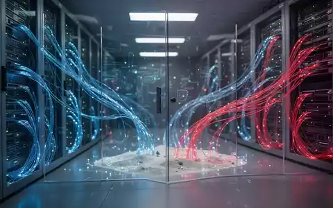 Hochtechnologischer Serverraum mit leuchtenden Glasfaserkabeln hinter einer Glaswand, die eine KI-Sandbox-Umgebung darstellt. - Foto: über boerse-global.de