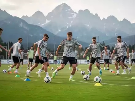 Profifußballer beim intensiven Training vor der Kulisse der bayerischen Alpen während des Sommer-Trainingslagers. - Foto: über boerse-global.de