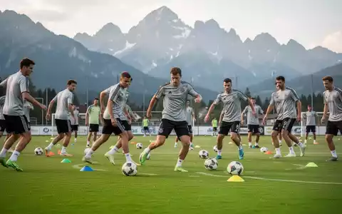 Profifußballer beim intensiven Training vor der Kulisse der bayerischen Alpen während des Sommer-Trainingslagers. - Foto: über boerse-global.de