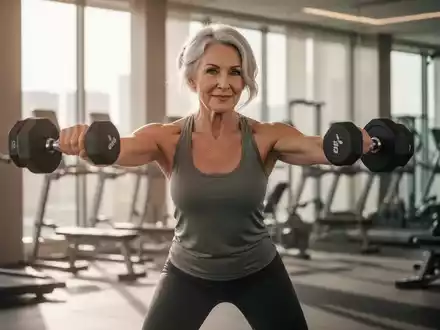 Eine selbstbewusste Frau über 50 trainiert in einem hellen Fitnessstudio mit Hanteln für den Erhalt der Muskelmasse. - Foto: über boerse-global.de