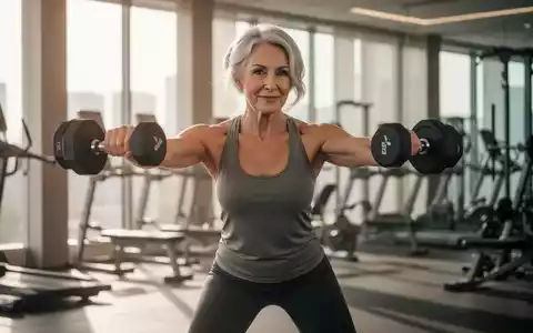 Eine selbstbewusste Frau über 50 trainiert in einem hellen Fitnessstudio mit Hanteln für den Erhalt der Muskelmasse. - Foto: über boerse-global.de