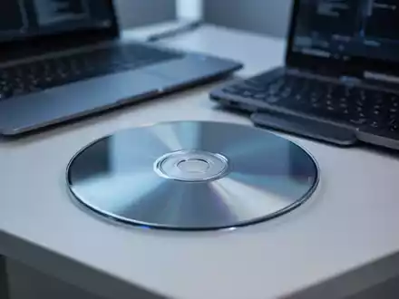 Nahaufnahme einer optischen Disc auf einem Schreibtisch neben einem Laptop, die moderne Brennsoftware repräsentiert. - Foto: über boerse-global.de