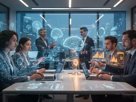 Professionelles Büroambiente mit Teammitgliedern, die an digitalen Datenvisualisierungen arbeiten und KI-Technologien nutzen. - Foto: über boerse-global.de