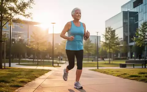 Eine aktive Person mittleren bis höheren Alters beim Joggen in einem hellen, modernen Park bei Sonnenaufgang. - Foto: über boerse-global.de