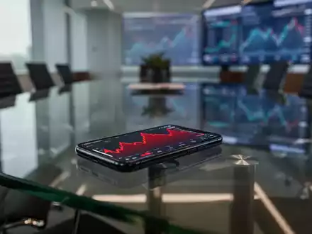 Smartphone mit einem fallenden Börsenchart auf einem Bürotisch als Symbol für finanzielle Verluste. - Foto: über boerse-global.de