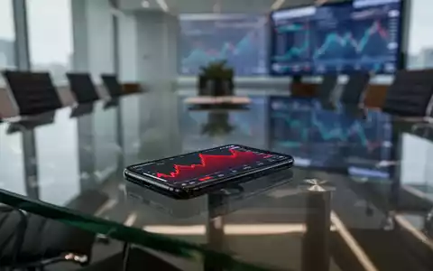Smartphone mit einem fallenden Börsenchart auf einem Bürotisch als Symbol für finanzielle Verluste. - Foto: über boerse-global.de