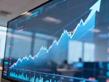 Moderne Finanz-Anzeigetafel mit steigenden Aktienkursen in einem hellen Bürogebäude. - Foto: über boerse-global.de
