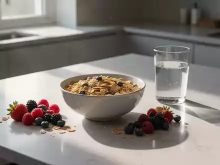Eine Schale mit gesundem Frühstücksmüsli und frischen Beeren auf einem modernen Küchentisch im sanften Morgenlicht. - Foto: über boerse-global.de