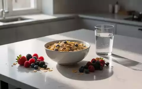 Eine Schale mit gesundem Frühstücksmüsli und frischen Beeren auf einem modernen Küchentisch im sanften Morgenlicht. - Foto: über boerse-global.de