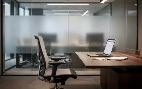Moderner, minimalistischer Büroarbeitsplatz mit einem leeren Schreibtisch und einem ergonomischen Stuhl vor einer Glaswand. - Foto: über boerse-global.de