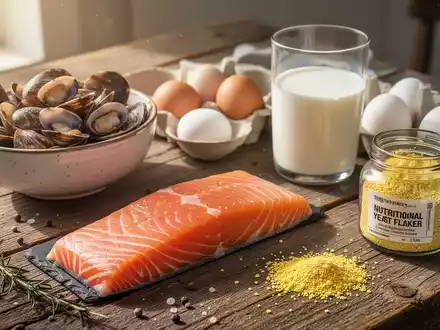 Verschiedene Lebensmittel wie Lachs, Muscheln, Eier, Milch und Edelhefe auf einem Holztisch zur Vitamin-B12-Versorgung. - Foto: ĂŒber boerse-global.de