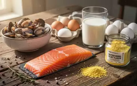 Verschiedene Lebensmittel wie Lachs, Muscheln, Eier, Milch und Edelhefe auf einem Holztisch zur Vitamin-B12-Versorgung. - Foto: über boerse-global.de