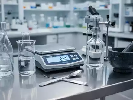 Laborausstattung zur pharmazeutischen Rezepturherstellung mit Waage und Glasgeräten in einer Apotheke. - Foto: über boerse-global.de