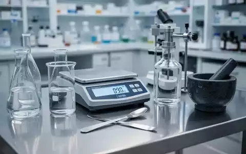 Laborausstattung zur pharmazeutischen Rezepturherstellung mit Waage und Glasgeräten in einer Apotheke. - Foto: über boerse-global.de
