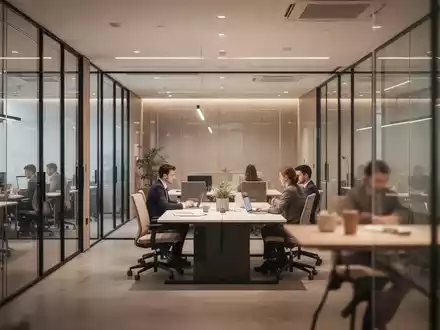 Modernes, minimalistisches Büro-Interieur mit Fokus auf einen kollaborativen Arbeitsbereich und architektonische Tiefe. - Foto: über boerse-global.de