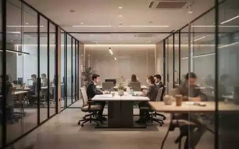 Modernes, minimalistisches Büro-Interieur mit Fokus auf einen kollaborativen Arbeitsbereich und architektonische Tiefe. - Foto: über boerse-global.de