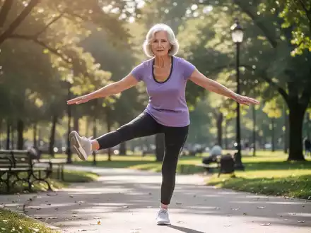 Eine ältere Frau bei Balanceübungen in einem sonnigen Park zur Sturzprävention. - Foto: über boerse-global.de