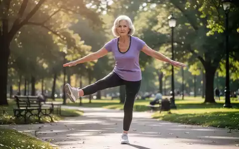 Eine ältere Frau bei Balanceübungen in einem sonnigen Park zur Sturzprävention. - Foto: über boerse-global.de