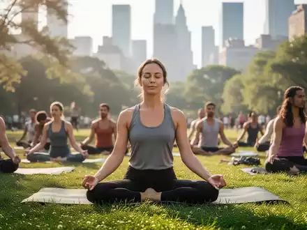 Eine Gruppe von Menschen praktiziert bei sonnigem Wetter gemeinsam Yoga auf einer grünen Wiese in einem Stadtpark. - Foto: über boerse-global.de