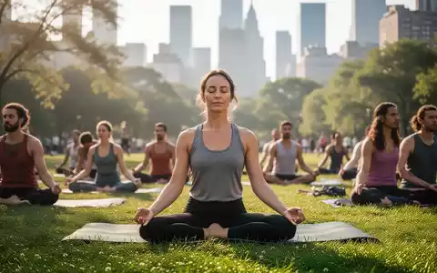 Eine Gruppe von Menschen praktiziert bei sonnigem Wetter gemeinsam Yoga auf einer grünen Wiese in einem Stadtpark. - Foto: über boerse-global.de