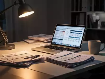 Ein moderner Schreibtisch in einem Büro am späten Abend mit Laptop und Unterlagen, symbolisch für Überstunden und Arbeit. - Foto: über boerse-global.de