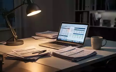 Ein moderner Schreibtisch in einem Büro am späten Abend mit Laptop und Unterlagen, symbolisch für Überstunden und Arbeit. - Foto: über boerse-global.de