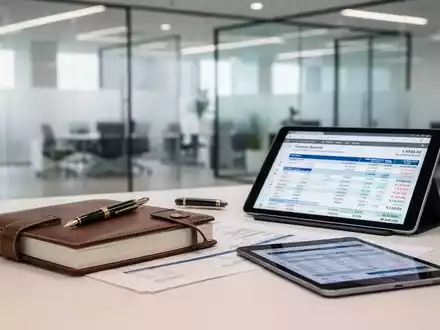 Ein Schreibtisch mit einem Finanzbericht, einem Füllfederhalter und einem Tablet in einem modernen Büro. - Foto: über boerse-global.de