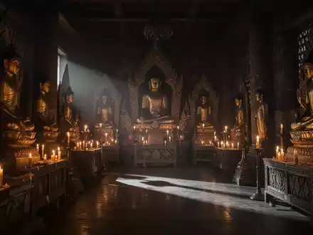 Dunkler buddhistischer Gebetssaal mit flackerndem Kerzenlicht und goldenen Statuen in einer geheimnisvollen Atmosphäre. - Foto: über boerse-global.de