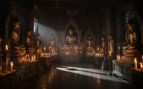 Dunkler buddhistischer Gebetssaal mit flackerndem Kerzenlicht und goldenen Statuen in einer geheimnisvollen Atmosphäre. - Foto: über boerse-global.de