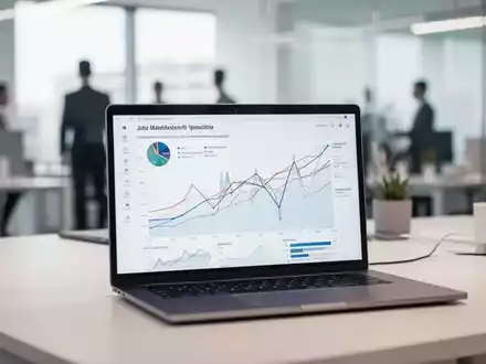 Ein moderner, heller Büroarbeitsplatz mit einem Laptop, auf dem Datenvisualisierungen zum Arbeitsmarkt zu sehen sind. - Foto: über boerse-global.de