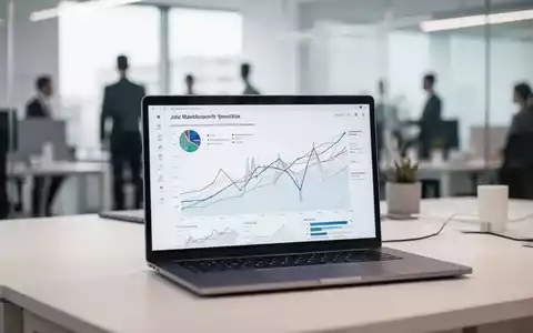 Ein moderner, heller Büroarbeitsplatz mit einem Laptop, auf dem Datenvisualisierungen zum Arbeitsmarkt zu sehen sind. - Foto: über boerse-global.de