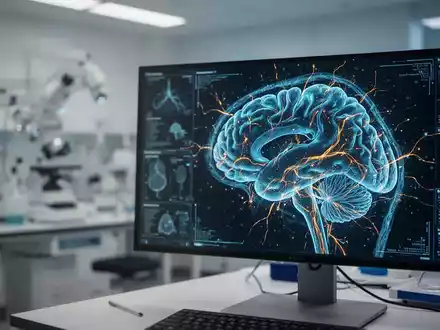 Ein hochmodernes, leuchtendes Gehirn-Scan-Bild auf einem Monitor in einem medizinischen Forschungslabor. - Foto: über boerse-global.de