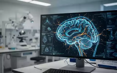 Ein hochmodernes, leuchtendes Gehirn-Scan-Bild auf einem Monitor in einem medizinischen Forschungslabor. - Foto: über boerse-global.de