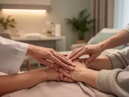 Eine medizinische Fachkraft führt eine Akupressur-Behandlung an der Hand eines Patienten in einem Palliativzentrum durch. - Foto: über boerse-global.de