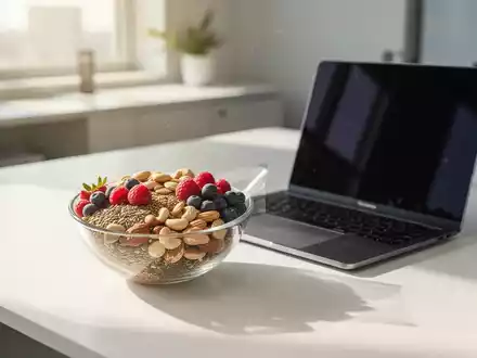 Gesunde Snacks wie Nüsse und Beeren auf einem modernen Schreibtisch im Büro. - Foto: über boerse-global.de