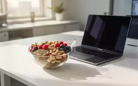 Gesunde Snacks wie Nüsse und Beeren auf einem modernen Schreibtisch im Büro. - Foto: über boerse-global.de
