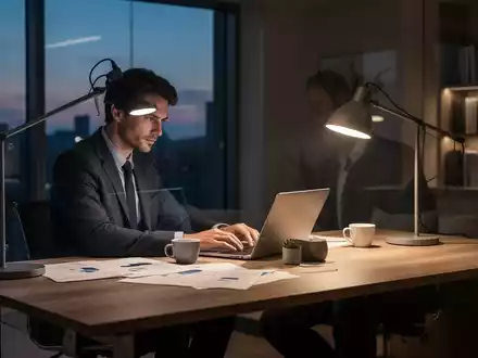 Ein fokussierter Selbstständiger arbeitet am Abend in einem modernen Büro an einem Laptop. - Foto: über boerse-global.de