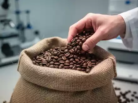Kaffeebohnen in einem Jutesack werden in einem Labor zur Qualitätsprüfung untersucht. - Foto: über boerse-global.de