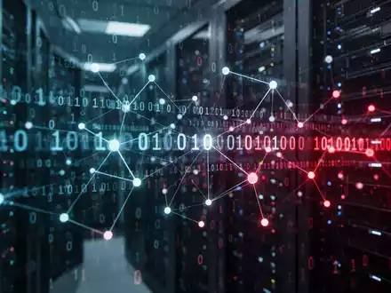 Glühende digitale Datenströme und Netzwerksicherheitsknoten in einem dunklen, hochtechnologischen Serverraum. - Foto: über boerse-global.de