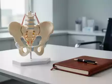 Anatomisches Modell des Beckens auf einem Schreibtisch in einer modernen medizinischen Praxis. - Foto: über boerse-global.de
