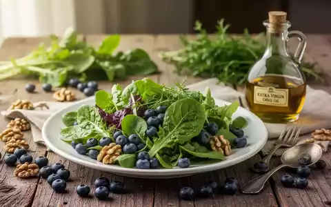 Ein gesundes Gericht mit frischem Blattgemüse, Beeren und Nüssen auf einem Holztisch als Symbol für gesunde Ernährung. - Foto: über boerse-global.de