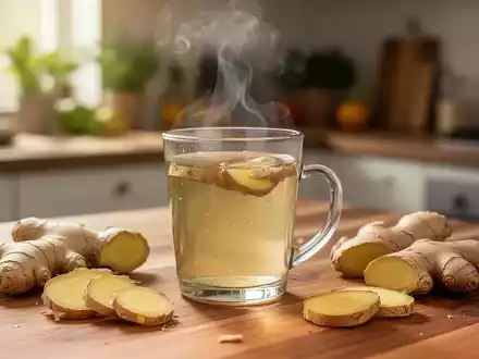 Ein Glas heißes Ingwerwasser mit frischen Ingwerscheiben auf einem Holztisch. - Foto: über boerse-global.de