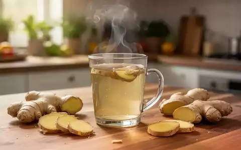 Ein Glas heißes Ingwerwasser mit frischen Ingwerscheiben auf einem Holztisch. - Foto: über boerse-global.de