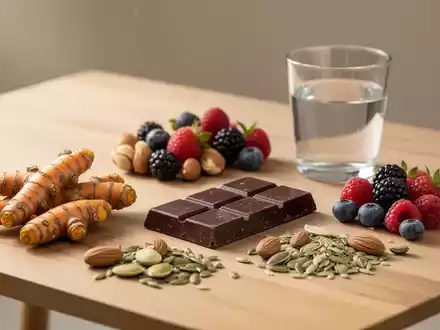 Eine Auswahl gesunder Lebensmittel wie Kurkuma, dunkle Schokolade, Nüsse und frisches Obst auf einem Holztisch. - Foto: über boerse-global.de