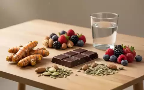 Eine Auswahl gesunder Lebensmittel wie Kurkuma, dunkle Schokolade, Nüsse und frisches Obst auf einem Holztisch. - Foto: über boerse-global.de
