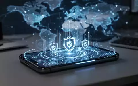 Modernes Smartphone mit abstrakten Datensymbolen und Sicherheitsschildern vor einem verschwommenen digitalen Hintergrund. - Foto: über boerse-global.de
