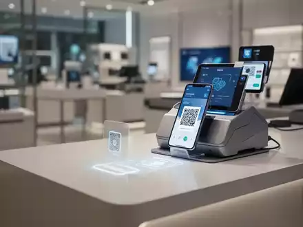 Ein Kunde scannt mit einem Smartphone einen QR-Code an einem modernen Kassen-Terminal fĂŒr integrierte Zahlungen. - Foto: ĂŒber boerse-global.de