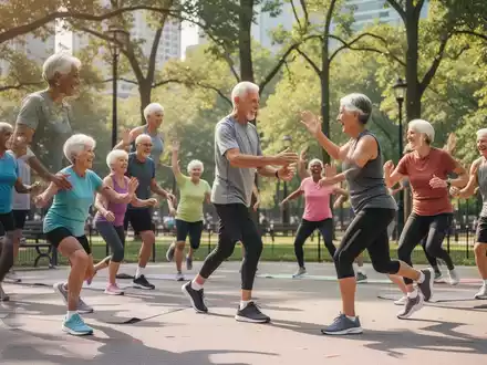Aktive Senioren bei einer gemeinsamen Sporteinheit in einem öffentlichen Park. - Foto: über boerse-global.de