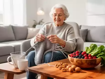 Ălterer Mensch bei einer kreativen TĂ€tigkeit neben einer Schale mit gesundem Obst und GemĂŒse als Symbol fĂŒr geistige Fitness. - Foto: ĂŒber boerse-global.de