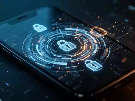 Ein modernes Smartphone mit digitalen Sicherheitssymbolen und abstrakten Lichteffekten in einer dunklen Umgebung. - Foto: über boerse-global.de